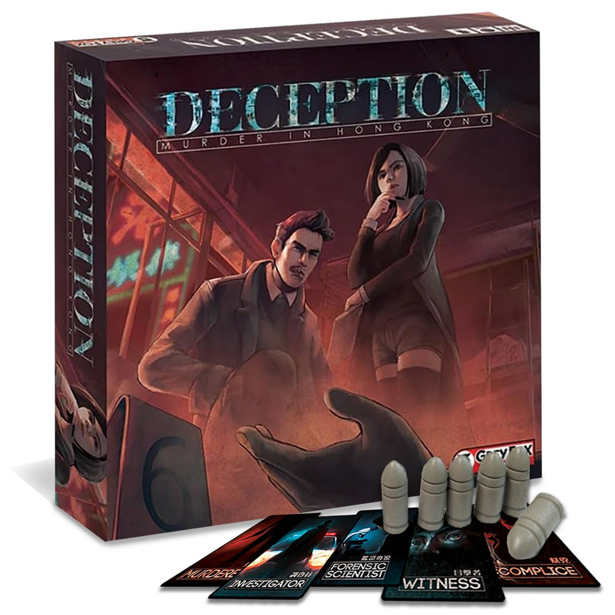 Grey Fox Games Deception Hong Kong box front showing vibrant art and portable design.