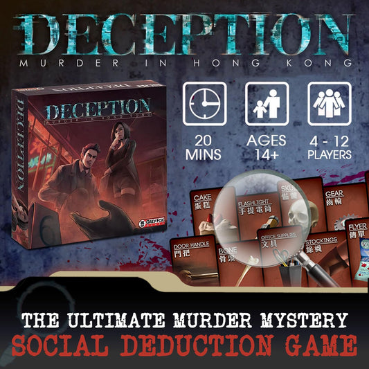 Grey Fox Games Deception role cards display Investigator, Murderer, and Witness.
