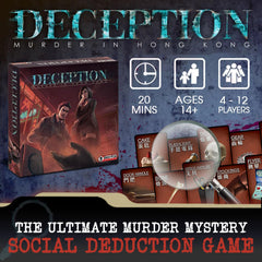 Grey Fox Games Deception role cards display Investigator, Murderer, and Witness.