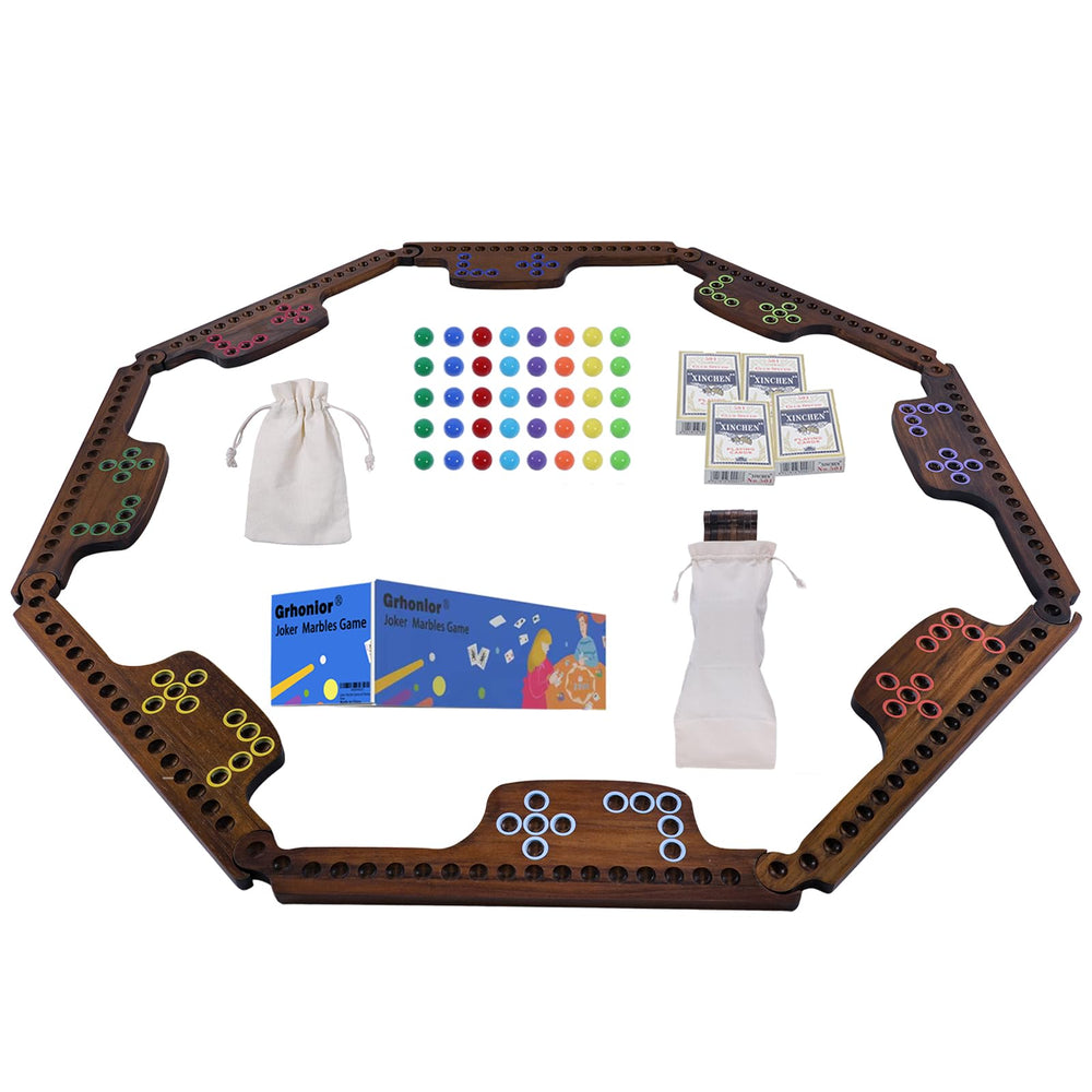 Grhonior marbles and jokers board on pine wood with colorful pegs for easy tracking.