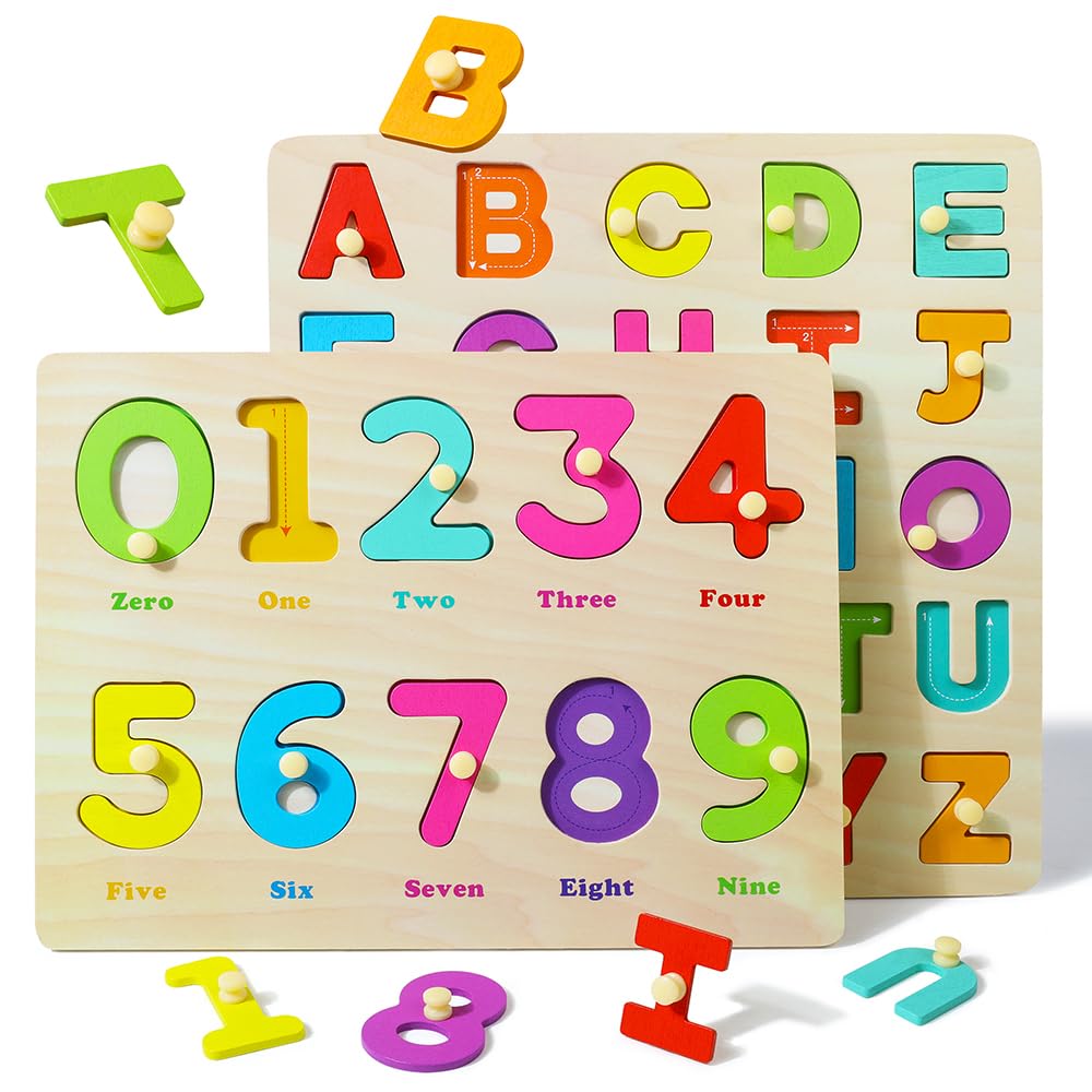 GRINNNIE wooden toddler puzzle with engraved letters and numbers for early learning.