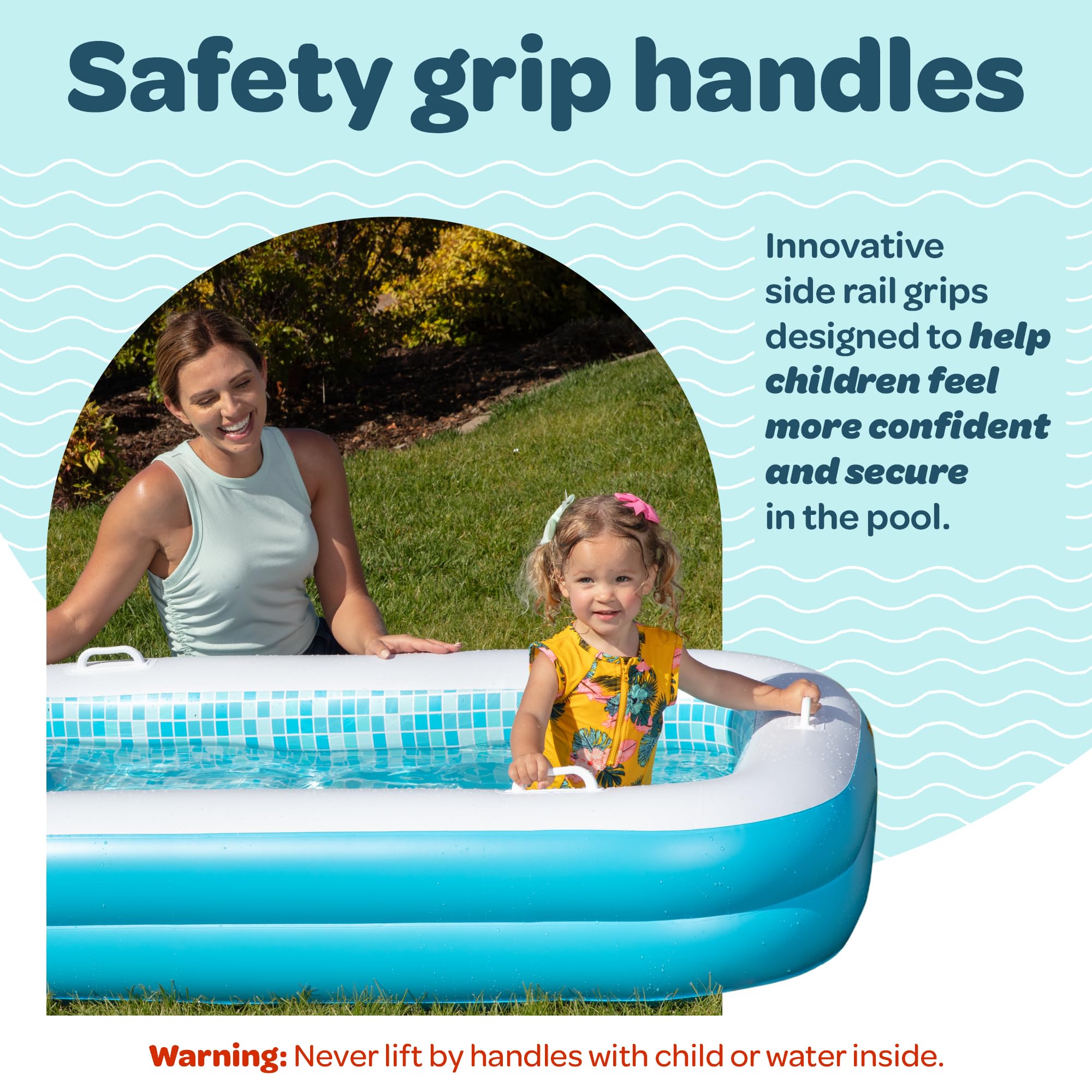 Grip-a-Pool 65x39x10 inch size fits multiple children safely.