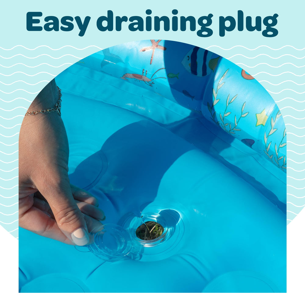 GRIP A POOL bottom drain plug simplifies quick drainage after play.