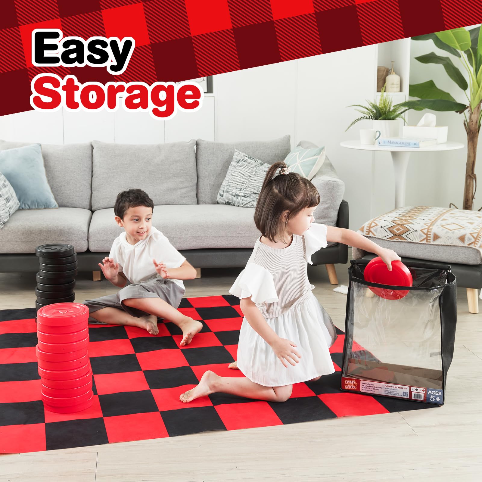 Grip Kids black checker pieces are large and simple to move during play.