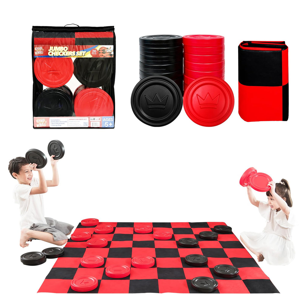 Grip Kids jumbo checkers mat (58-inch) ideal for family play indoors or outdoors.
