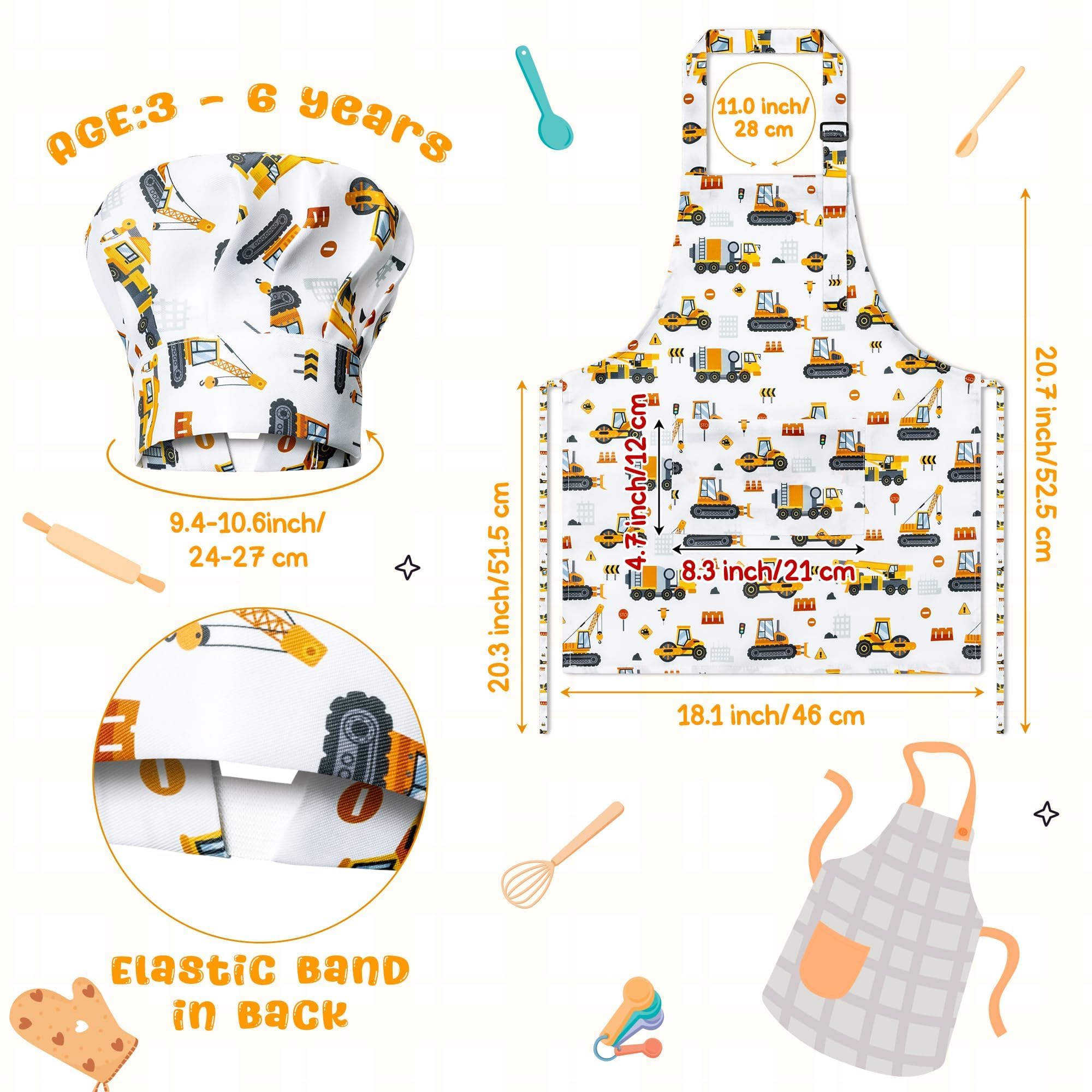 GROBRO7 kids apron and hat set with construction vehicles pattern for crafts.
