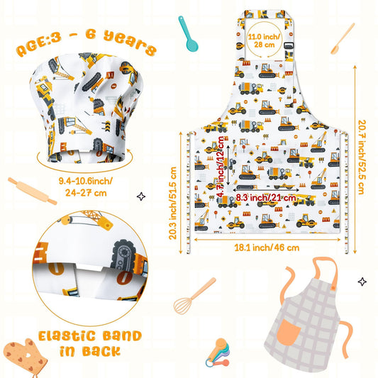 GROBRO7 kids apron and hat set with construction vehicles pattern for crafts.