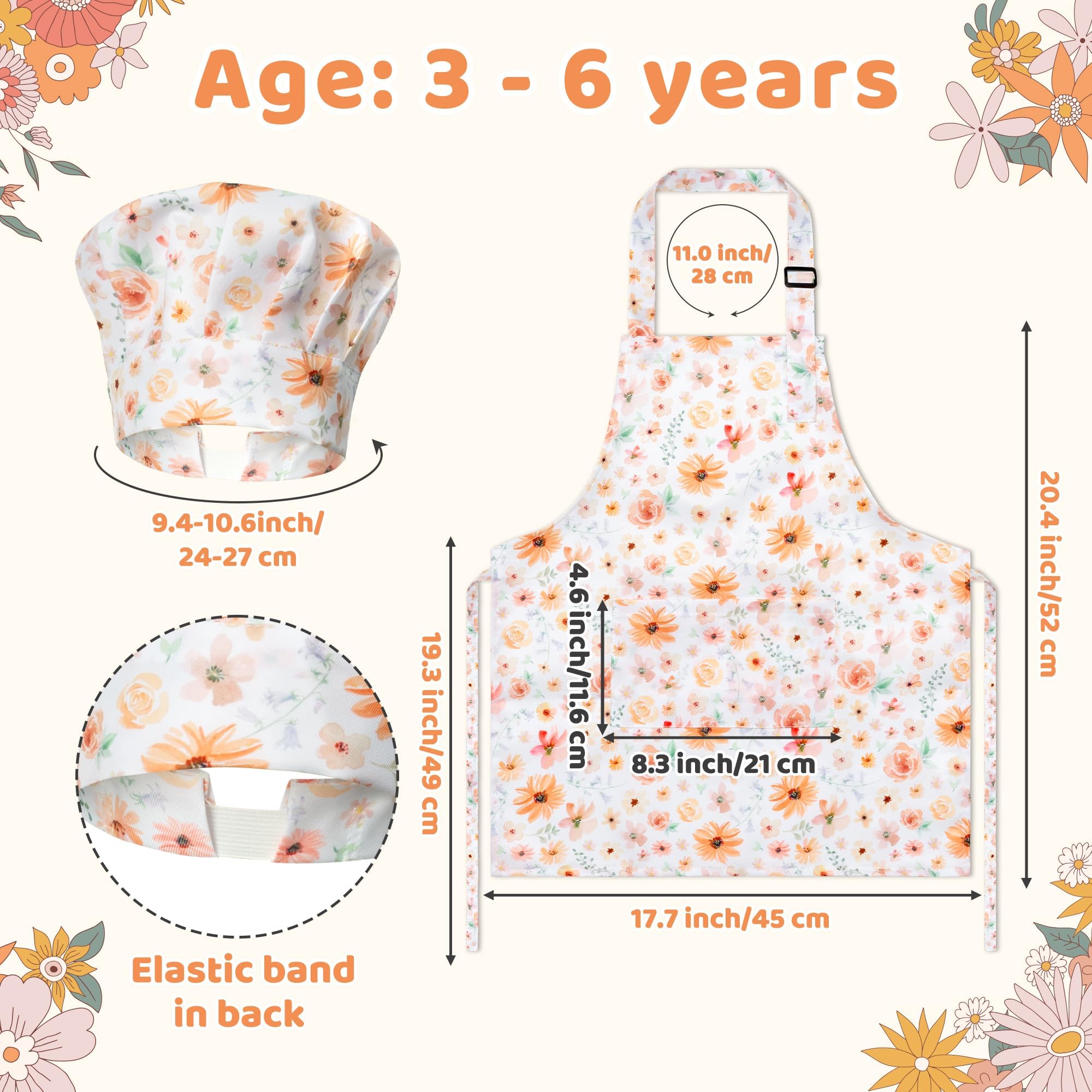 GROBRO7 floral chef hat front view showing adjustable back strap for comfort.