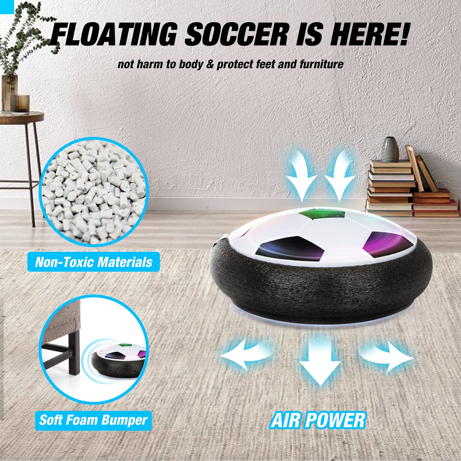 Growsland hover soccer ball with soft foam bumper protects feet and furniture.
