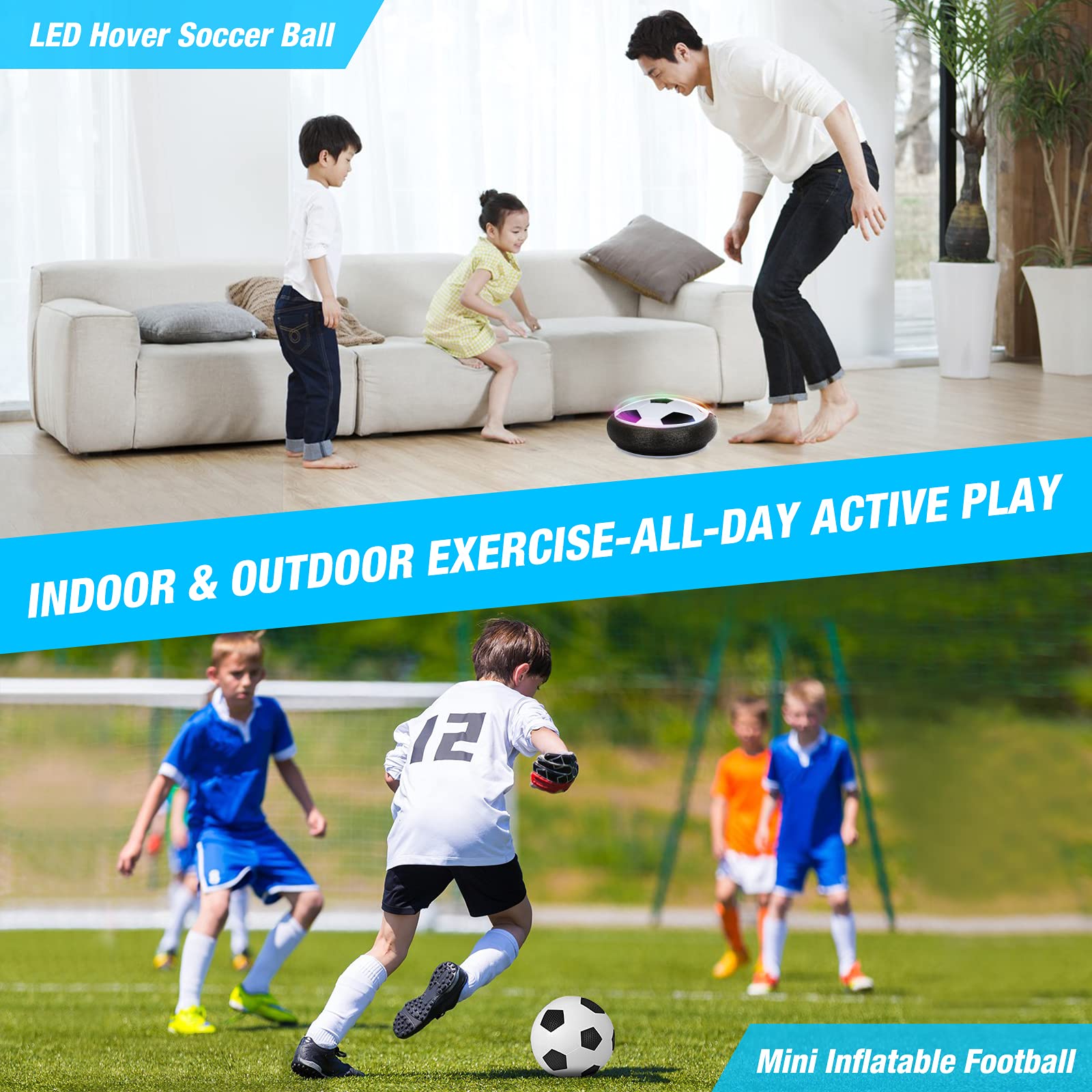 Growsland hover soccer ball includes inflatable basketball for additional games.