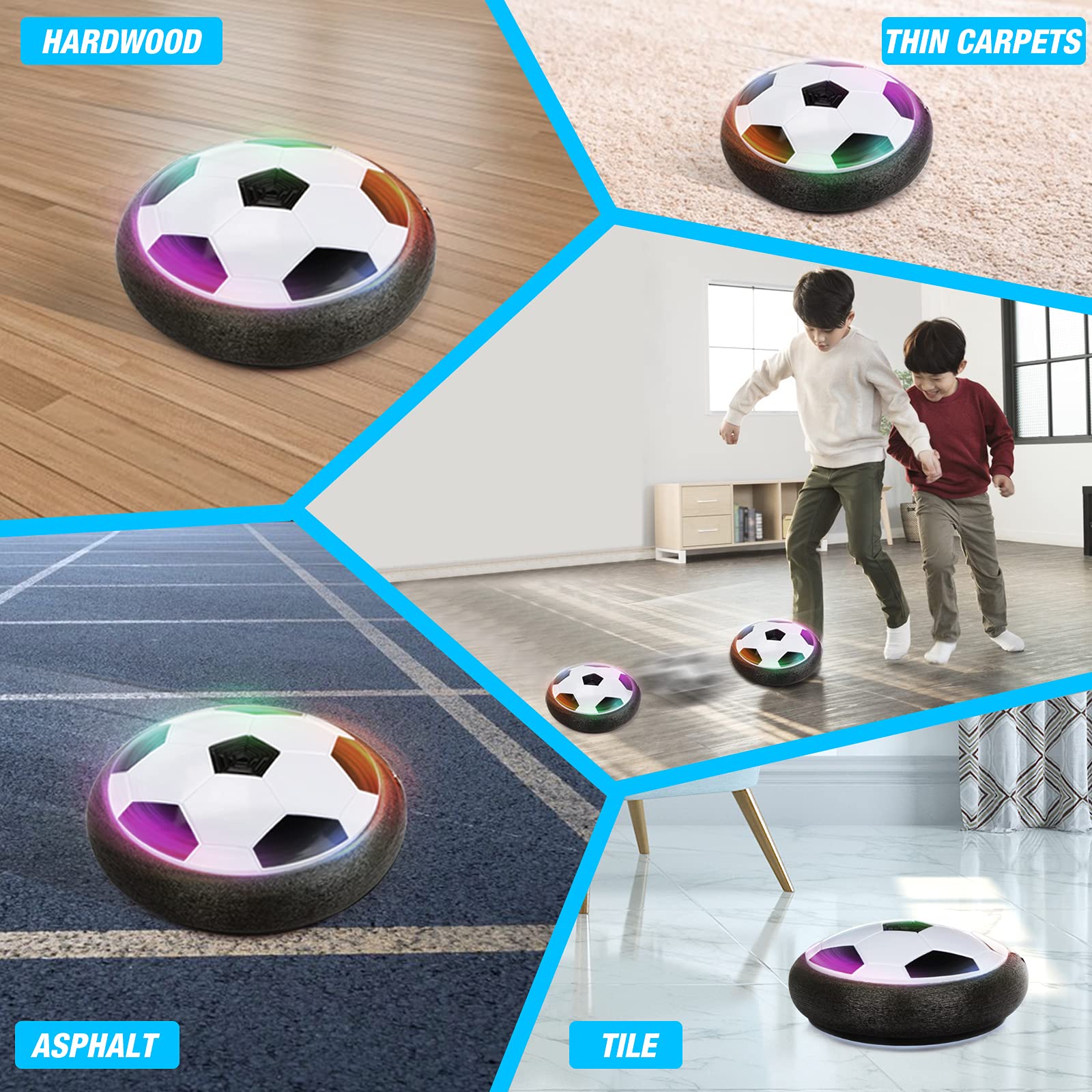 Growsland hover soccer ball includes inflatable football for varied play.