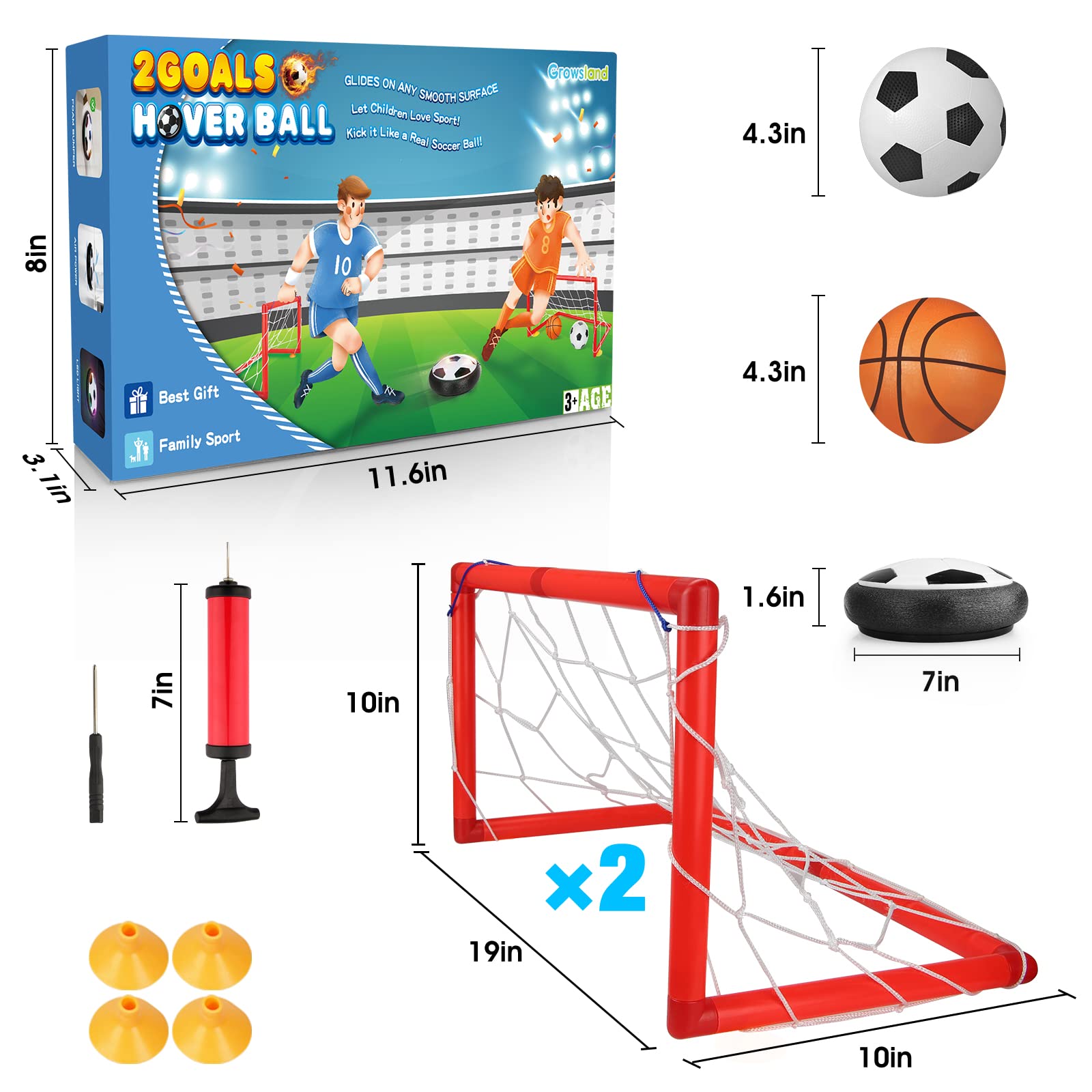 Growsland hover soccer ball with LED lights enhances indoor play in dim rooms.