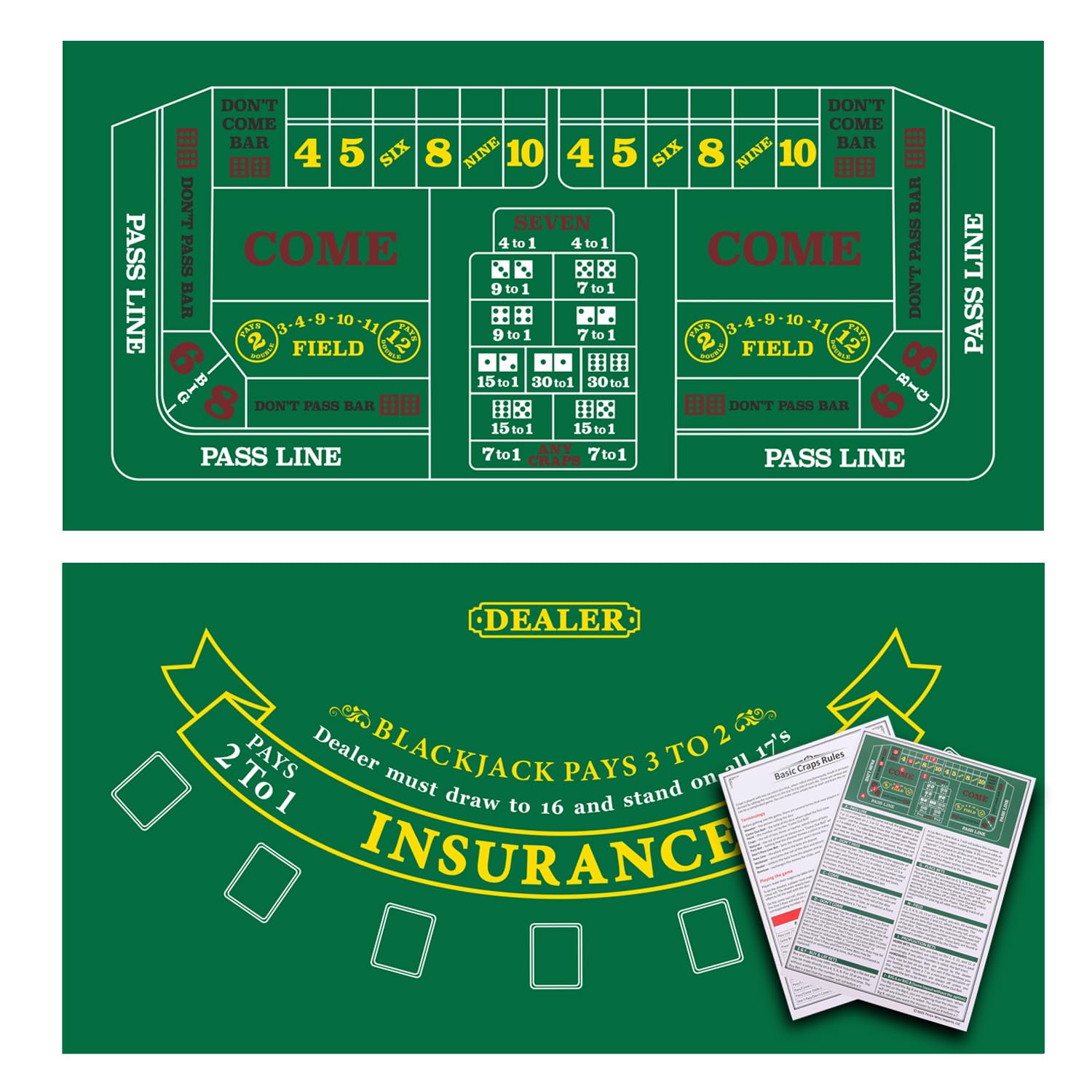 GSE 36x72 blackjack-craps layout mat on table for home game nights
