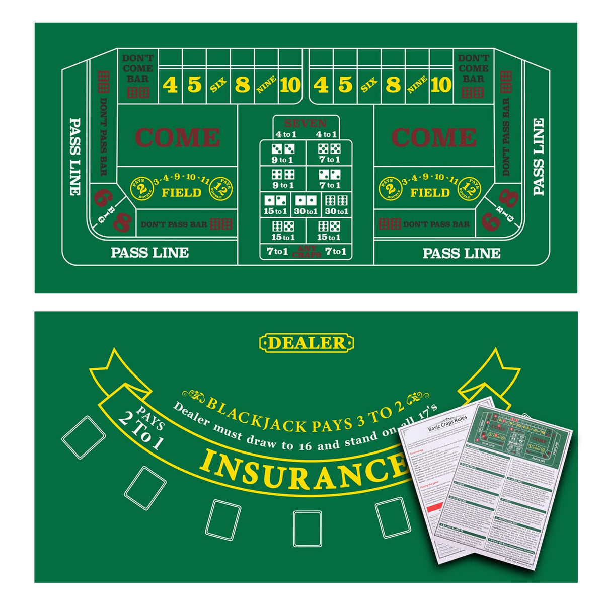 GSE 36x72 blackjack-craps layout mat on table for home game nights