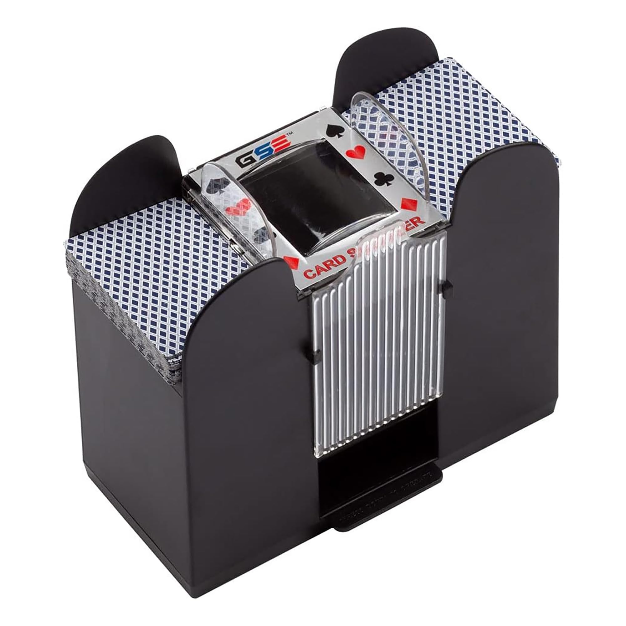 GSE 6-deck automatic card shuffler front view showing compact design and quick operation