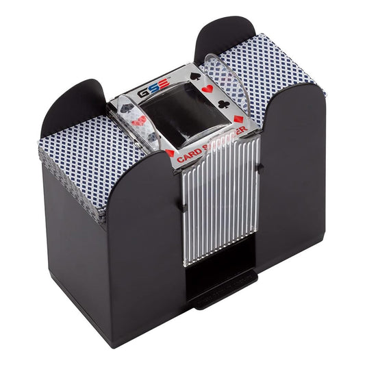 GSE 6-deck automatic card shuffler front view showing compact design and quick operation