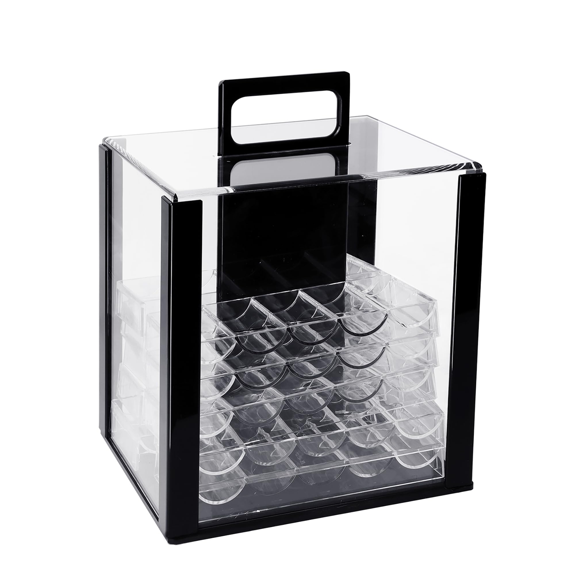 GSE acrylic poker chip case with 10 trays showing organized chips for serious games