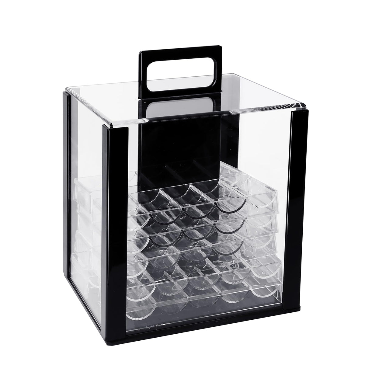 GSE acrylic poker chip case with 10 trays showing organized chips for serious games