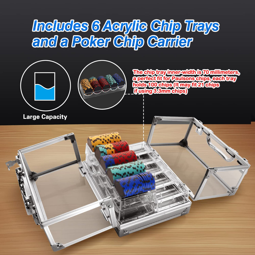 GSE acrylic poker chip case with six trays demonstrates 600-chip capacity at a glance.
