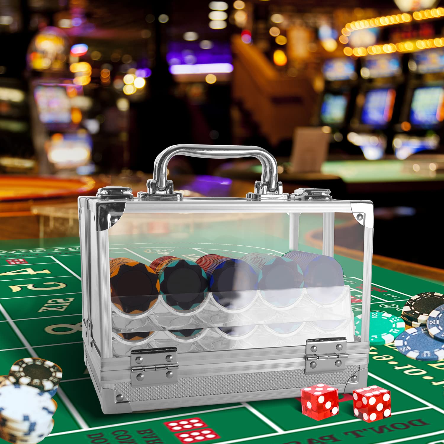 GSE acrylic poker chip case in casino setting suitable for clubs and events.
