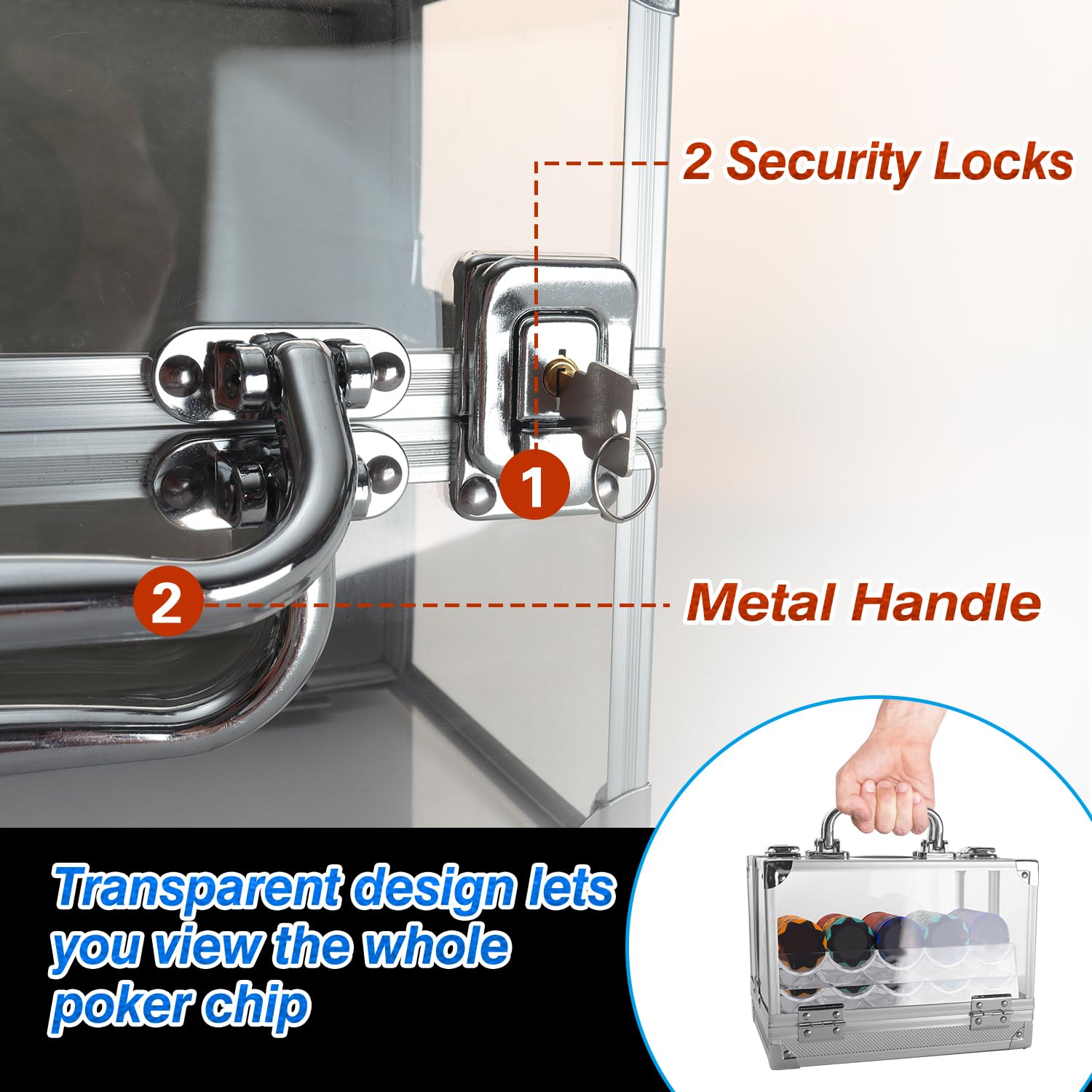 GSE acrylic poker chip case with lockable latches ensures secure transport of chips.