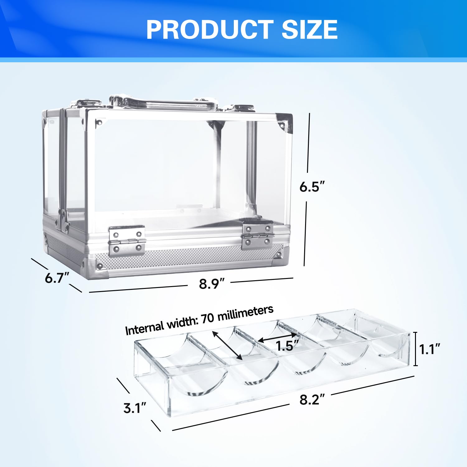 GSE acrylic poker chip case side view highlights compact portability for home games.