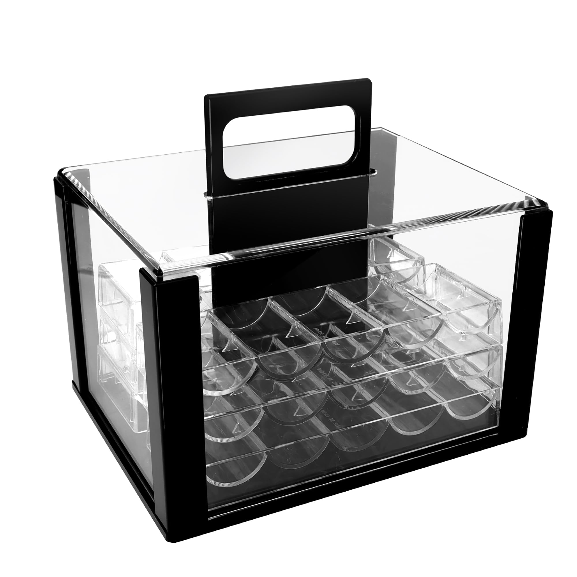GSE acrylic poker chip case with six trays showing organized storage for up to 600 chips.