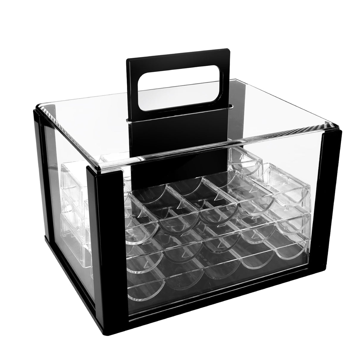 GSE acrylic poker chip case with six trays showing organized storage for up to 600 chips.