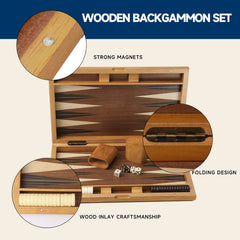 GSE backgammon pieces and dice cups ready for quick setup