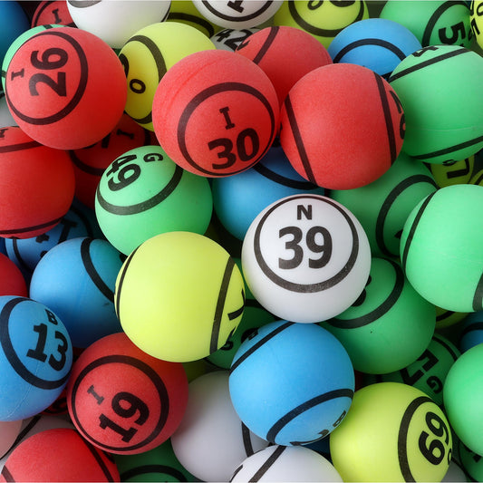 GSE bingo balls close-up showing 1.55-inch diameter for durability.