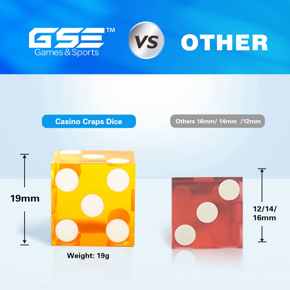 GSE dice with serialized numbers visible for tamper-evident gameplay.