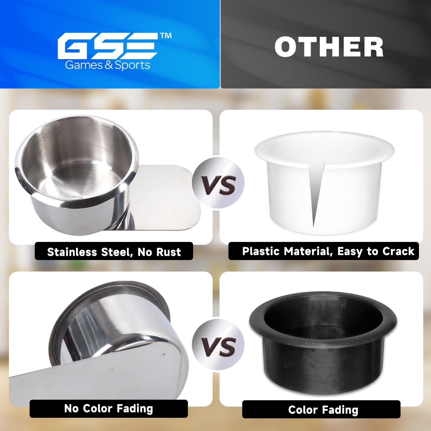 GSE rounded-edge cup holder with smooth insertion and removal.