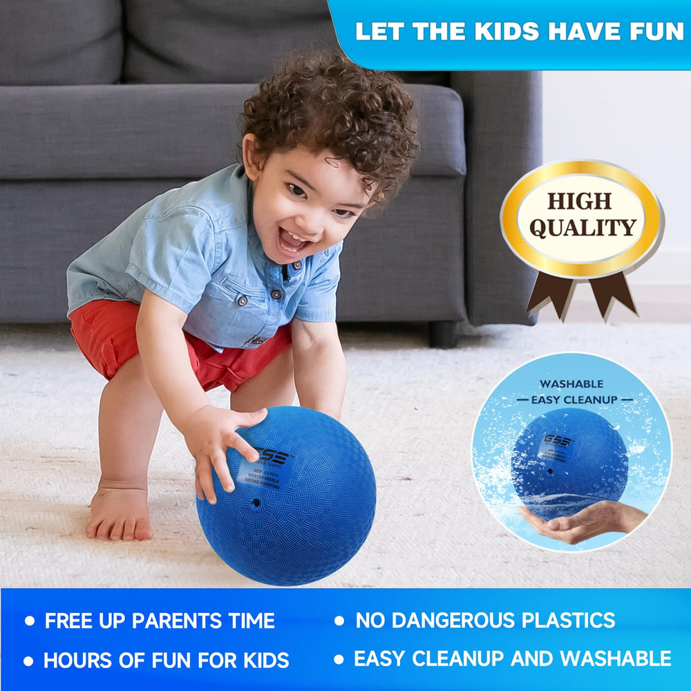GSE rainbow playground ball used for dodgeball, kickball, and foursquare in gym.