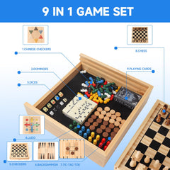 GSE 9-in-1 board shows checkers and dice for versatile family play.