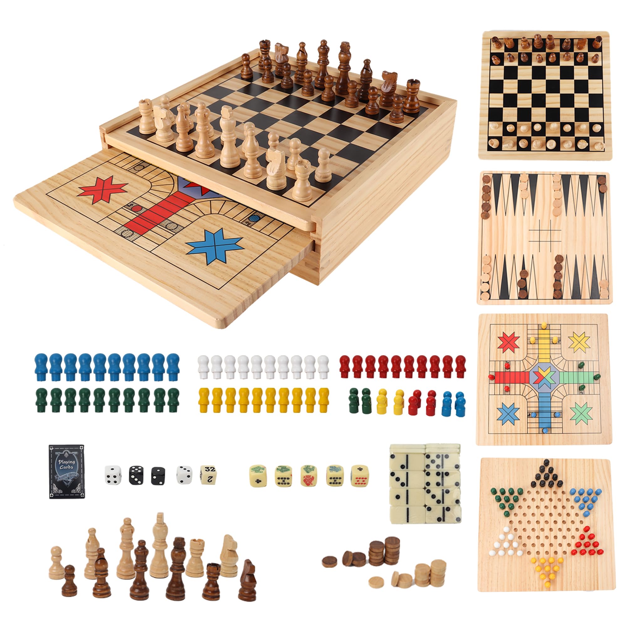 GSE wooden 9-in-1 board with chess pieces and built-in storage keeps games organized.