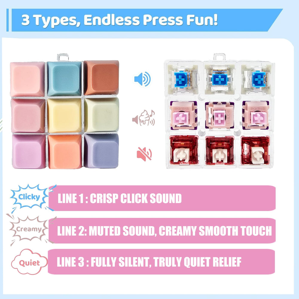 Gtzzot keyboard fidget with 3 modes: Clicky, Creamy, Silent for any setting.