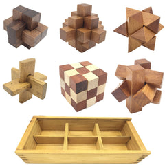 Guaishou 6-in-One wooden brain teaser close-up highlighting tactile design.