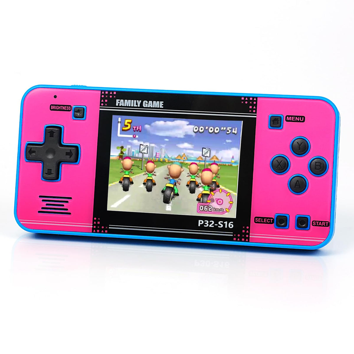 GuaiyeyeAP P32 handheld arcade console with blue-pink body for portable fun