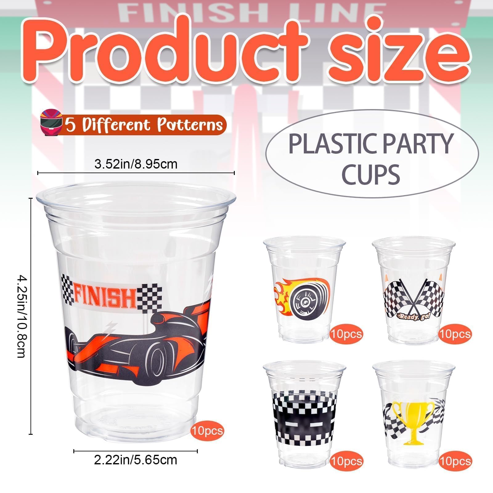 GuassLee Race car party cups coordinate with banners and plates for cohesive tables