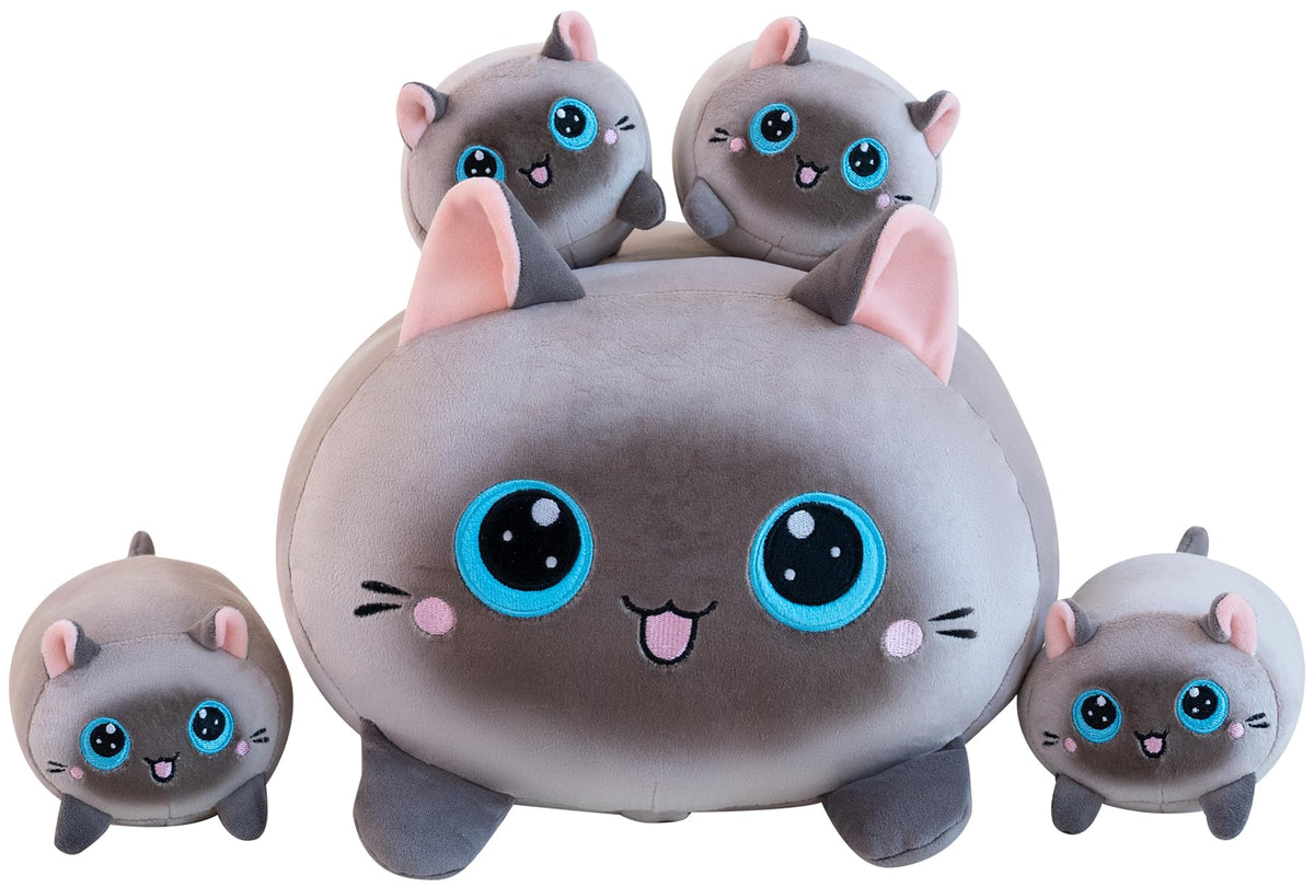 Gudisi Siamese cat plush outer view with four kittens inside for imaginative play