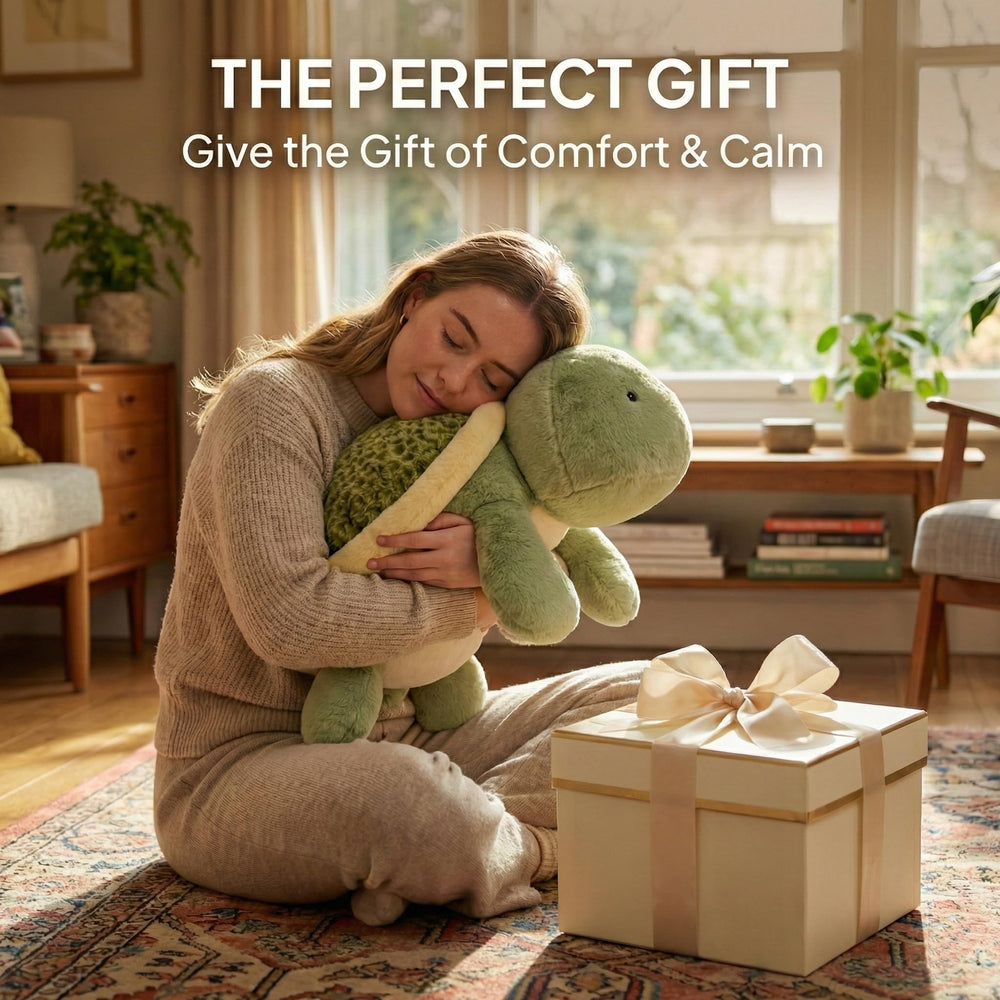 Gudisi weighted turtle plush placed on a bed, perfect for nap time and relaxation.