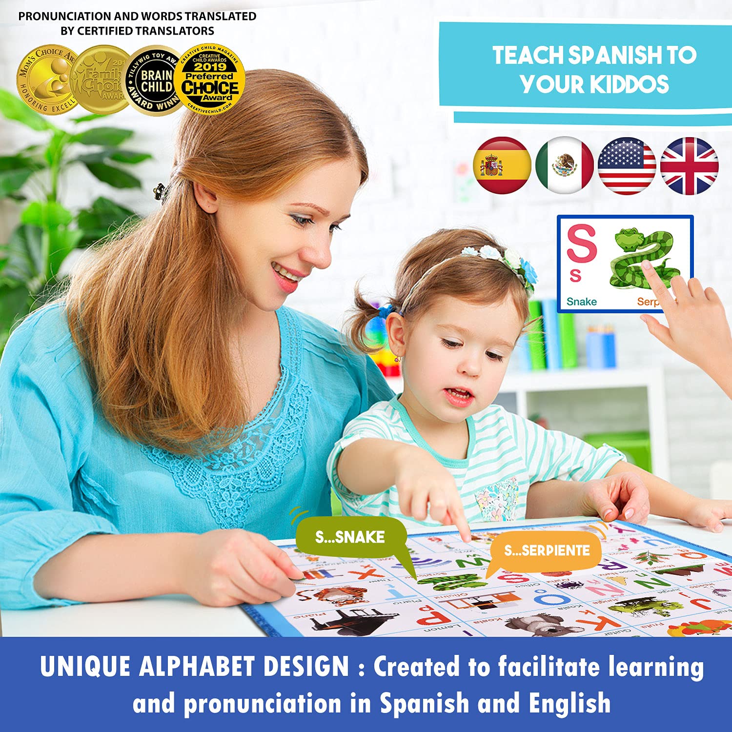 Gufino bilingual learning poster offers English and Spanish language exposure.