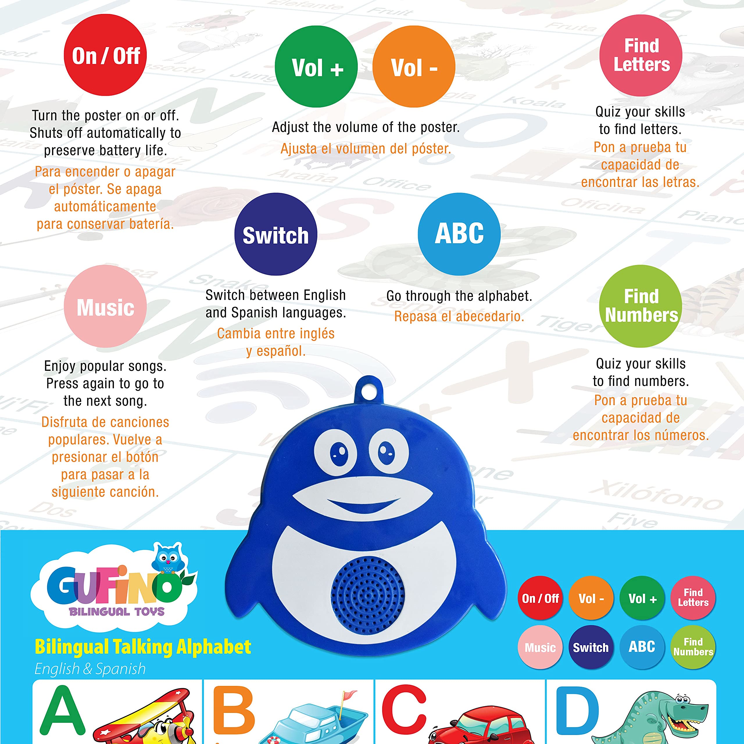 Gufino bilingual learning poster supports English and Spanish literacy.