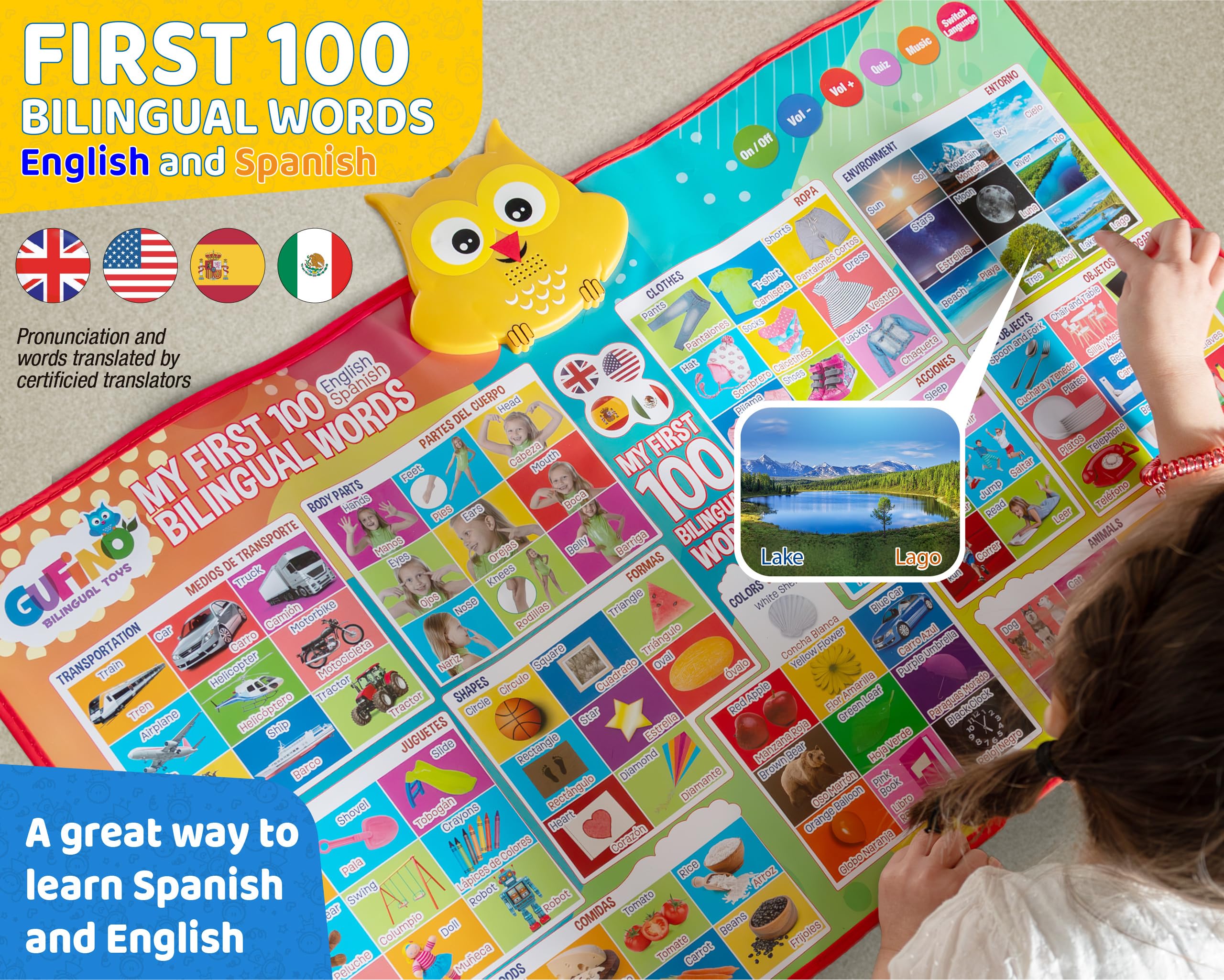 GUFINO bilingual chart features songs to support pronunciation and memory during learning.