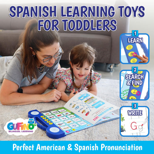GUFINO child using interactive learning book promotes hands-on spelling and pronunciation practice.