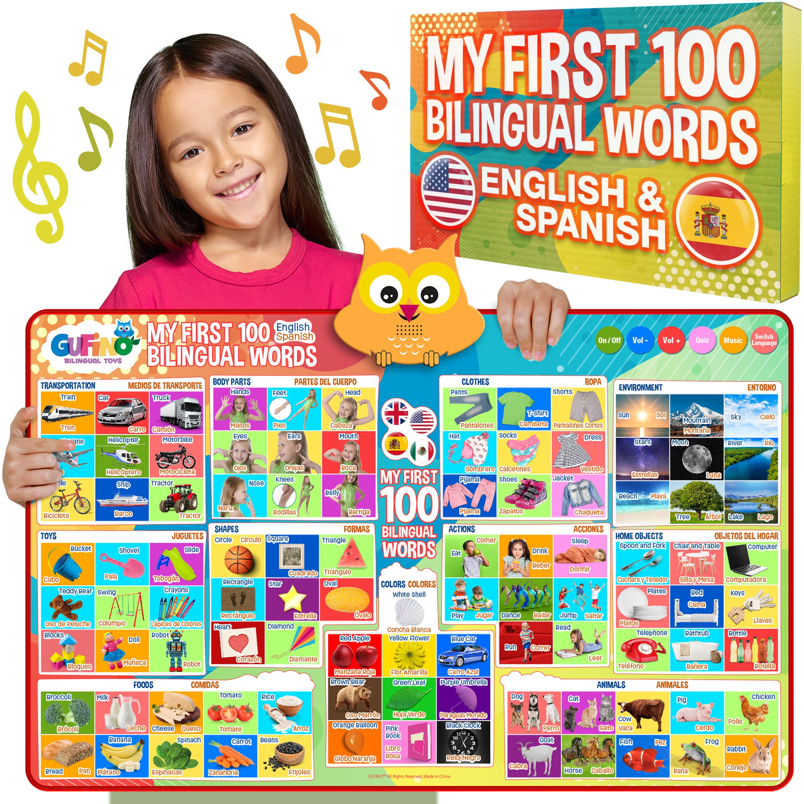 GUFINO First 100 Words poster on wall shows bilingual vocabulary with vivid images.