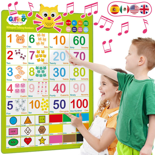 GUFINO interactive number chart wall promotes early number recognition in English and Spanish.