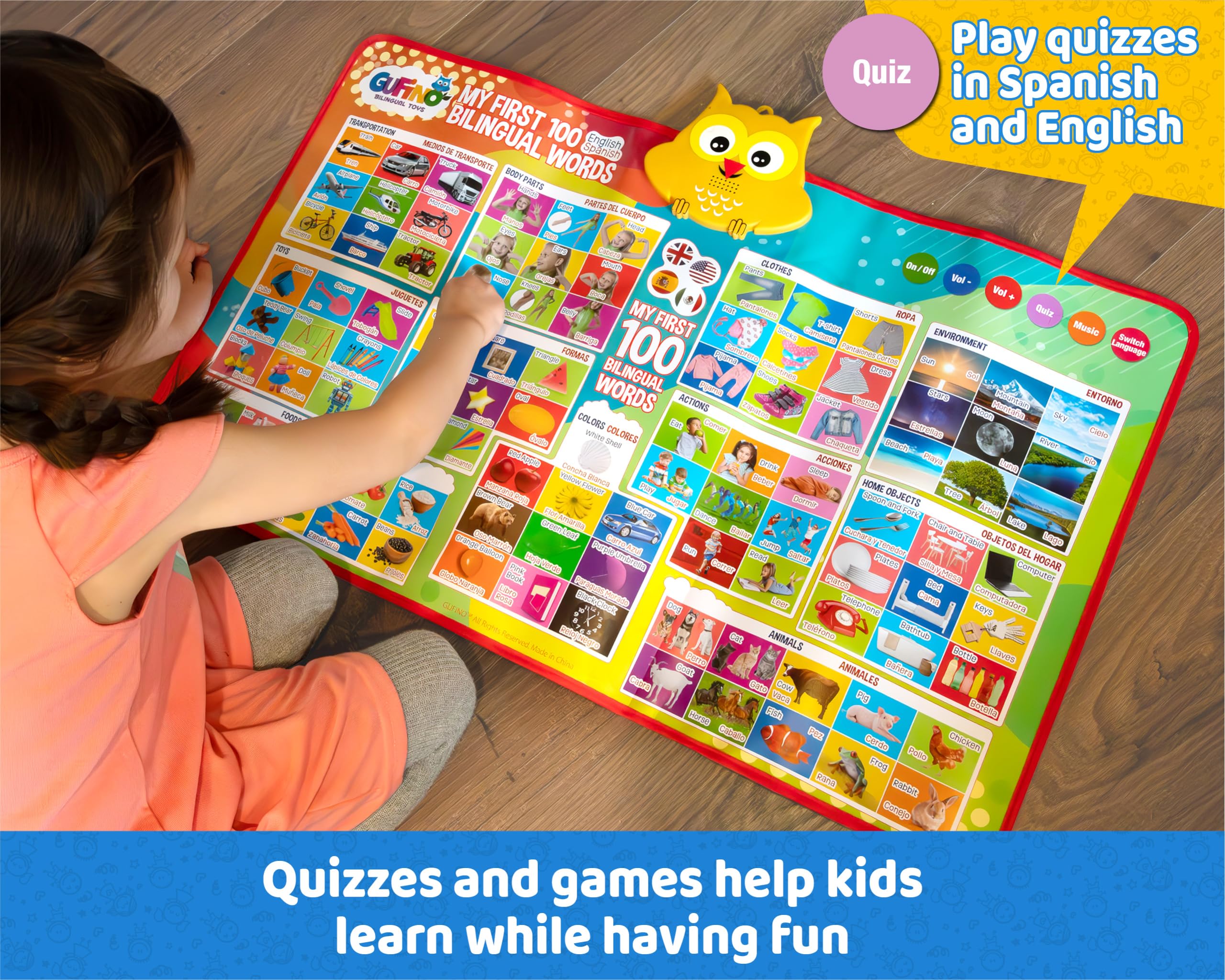 GUFINO interactive buttons trigger quizzes and sounds for engaging practice.