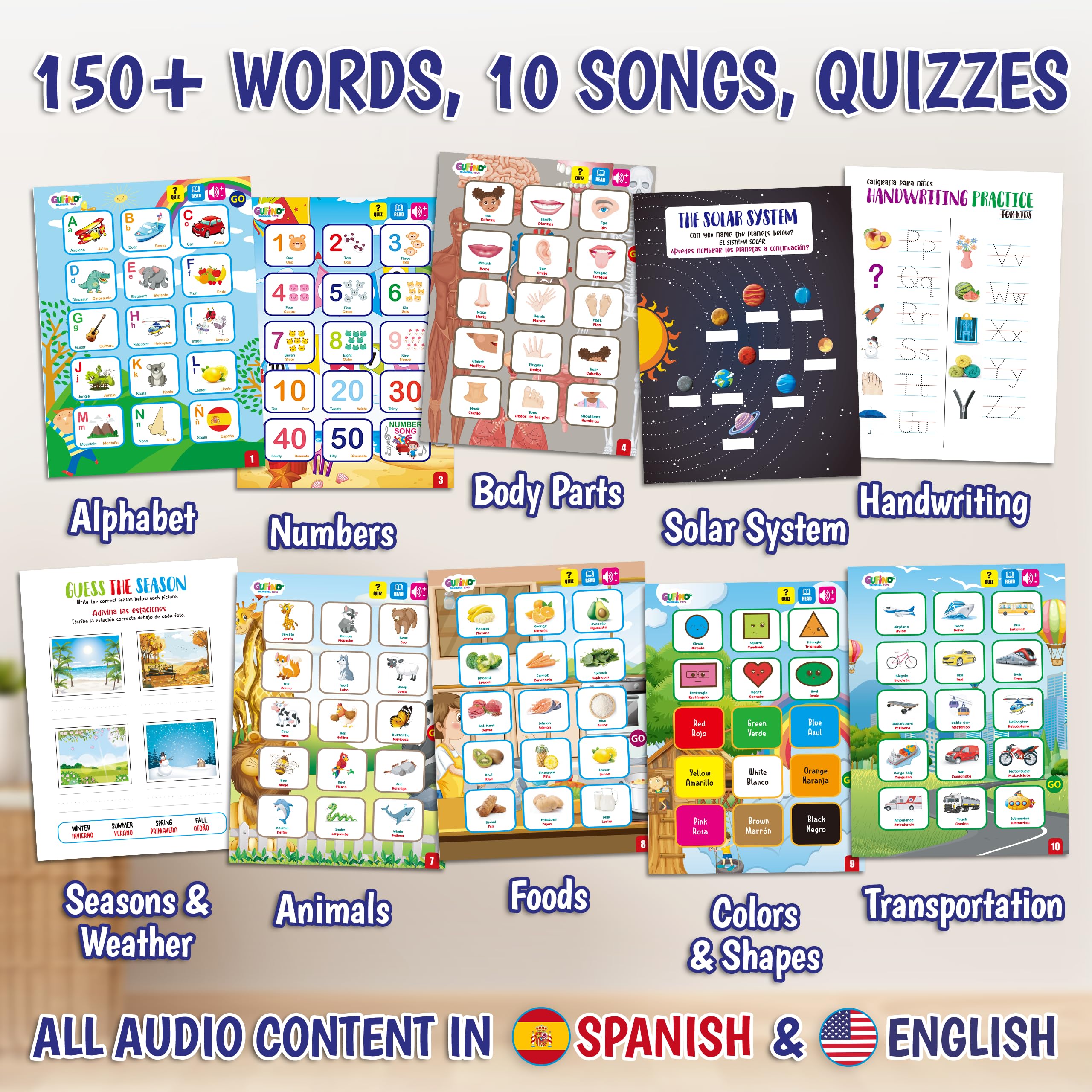 GUFINO letter-number pronunciation graphics support early literacy in both languages.