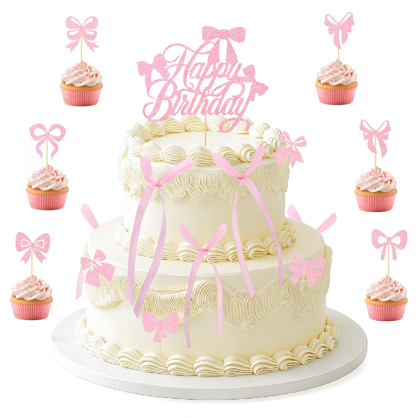 Guiqulai 25-pcs pink bow cake toppers enhance a festive birthday centerpiece